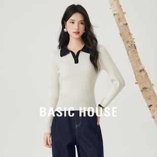 女2025秋修身 百家好撞色Polo领针织衫 坑条打底上衣 House Basic