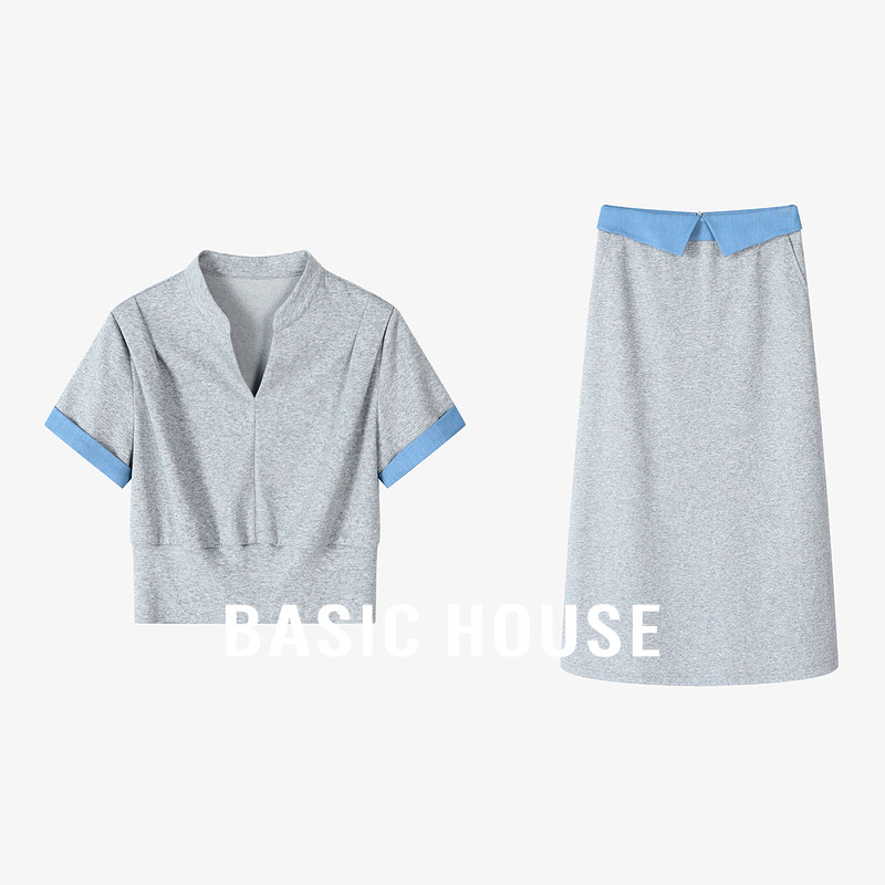 Basic House/百家好撞色小众套装短袖V领上衣半身长裙两件套夏季