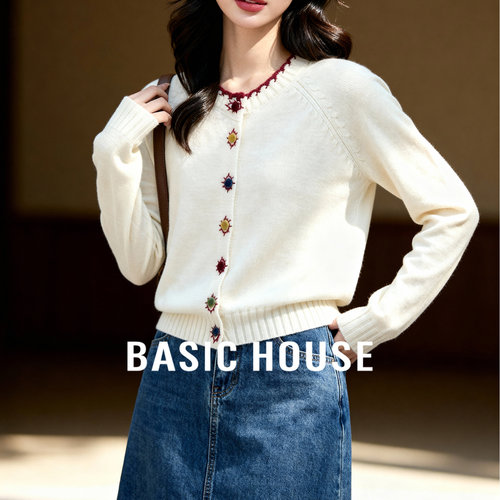 Basic House/百家好彩色纽扣开衫毛衣女25秋冬温柔风圆领外穿上衣
