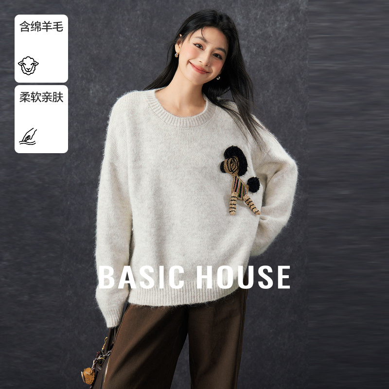 Basic House/百家好卡通小马圆领毛衣秋冬慵懒风套头上衣2025新款