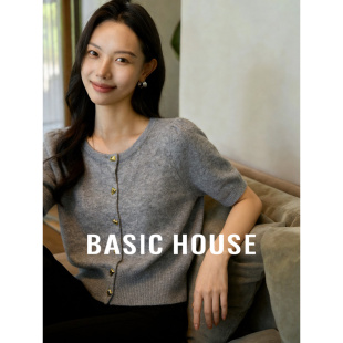 Basic House/百家好纯色绵羊毛短袖针织衫女夏季新款慵懒休闲开衫