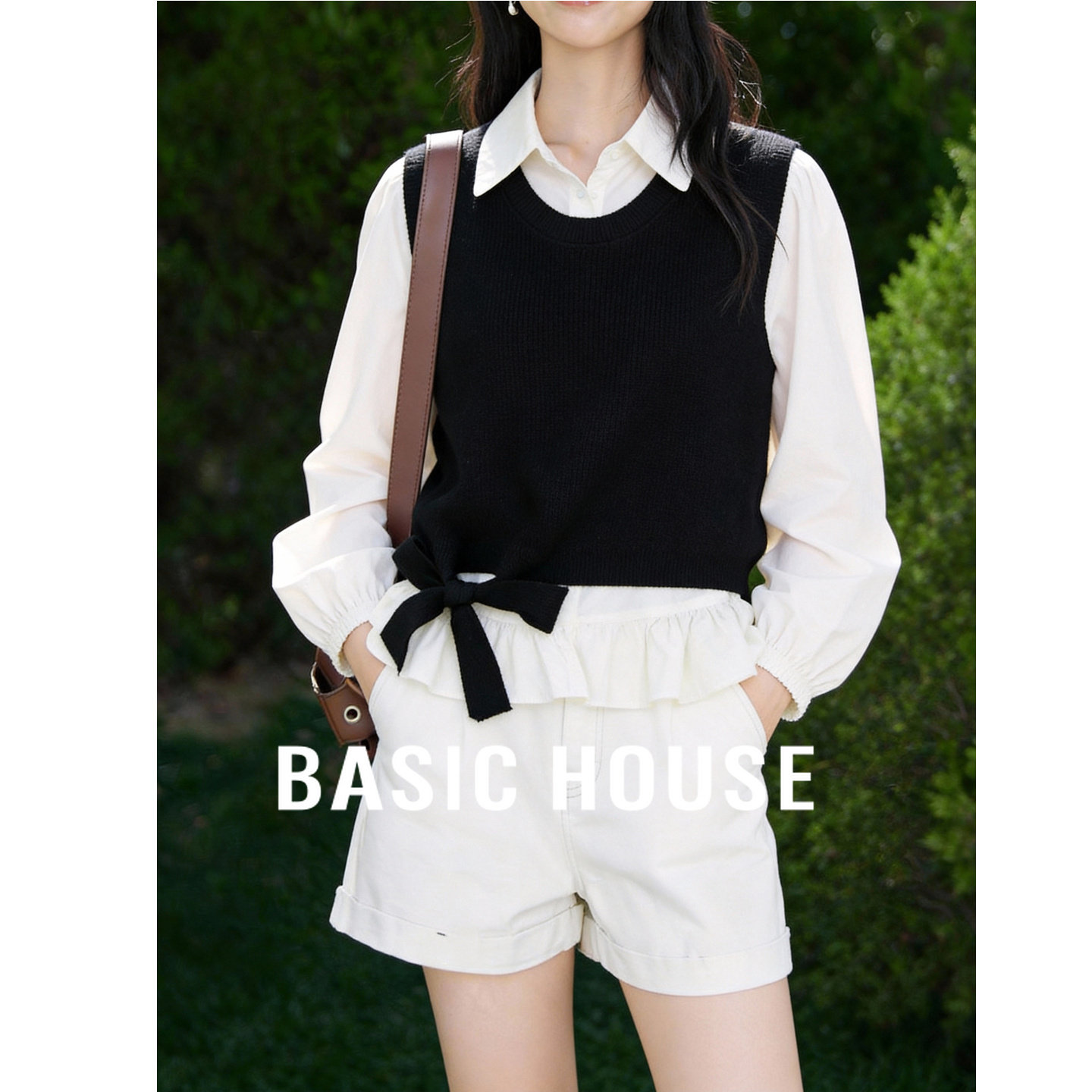 百家好撞色假两件下摆绑带针织拼接上衣学院风显瘦百搭通勤女衬衫