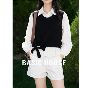 百家好撞色假两件下摆绑带针织拼接上衣学院风显瘦百搭通勤女衬衫