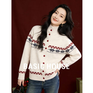 Basic House/百家好复古费尔岛毛衣女2025冬季半高领复古针织开衫