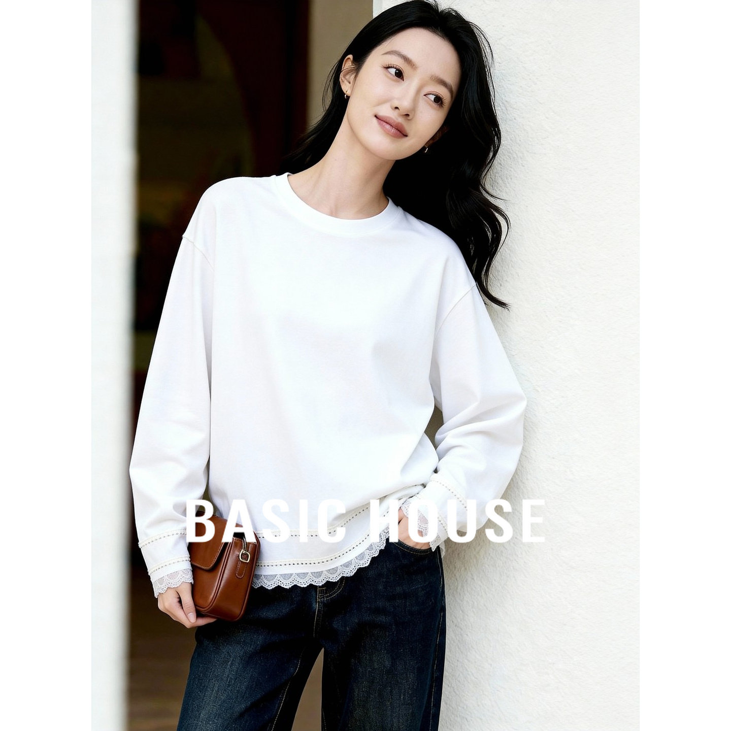 百家好纯白蕾丝花边圆领上衣宽松慵懒长袖温柔风显瘦百搭女T恤