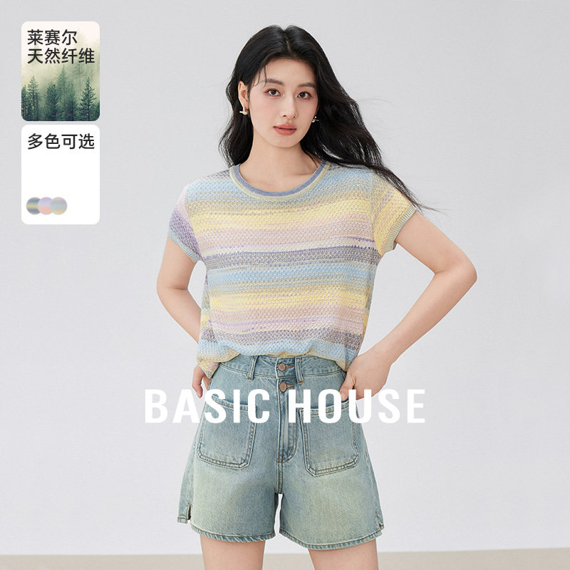 Basic House/百家好莱赛尔条纹短袖针织衫2026夏宽松圆领彩色上衣