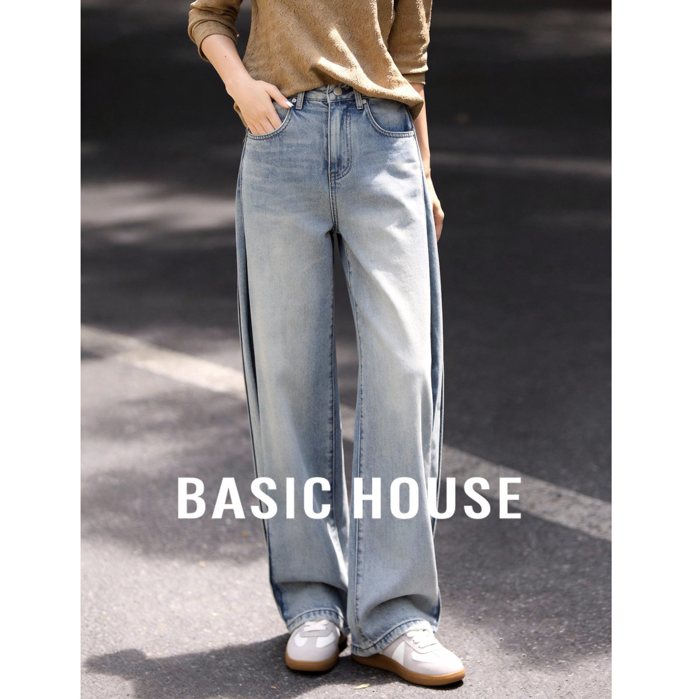 Basic House/百家好美式复古蓝色牛仔裤女春季新款直筒压褶阔腿裤