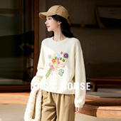 圆领套头针织衫 百家好立体花朵刺绣毛衣宽松毛衫 上衣 House Basic