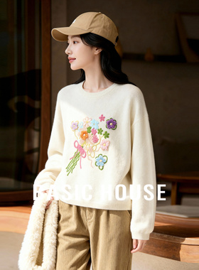 Basic House/百家好立体花朵刺绣毛衣宽松毛衫圆领套头针织衫上衣