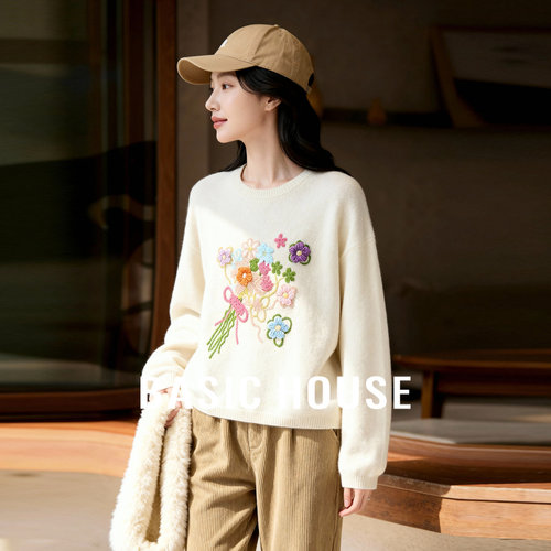 Basic House/百家好立体花朵刺绣毛衣宽松毛衫圆领套头针织衫上衣