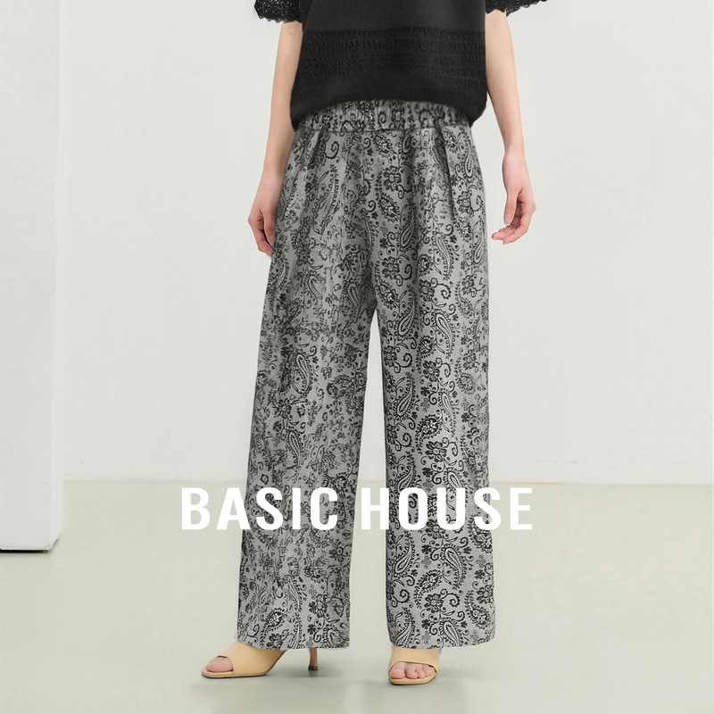 Basic House/百家好复古松紧腰提花阔腿裤夏季新款独特显瘦直筒裤