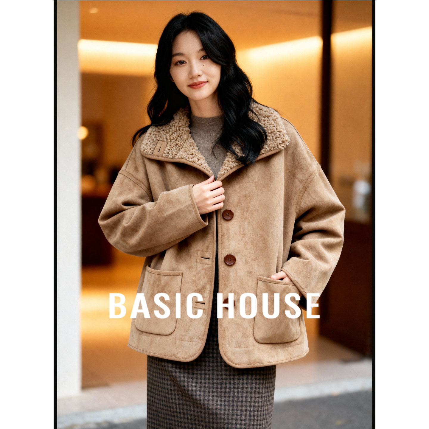 Basic House/百家好翻领拼接25冬新宽松显瘦单排扣复古休闲外套,女装/女士精品,短外套,淘宝优惠券,粉丝福利购,淘宝优惠卷