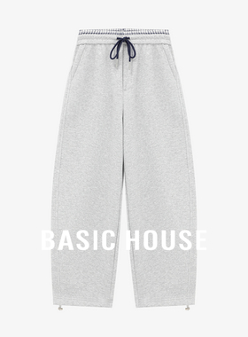 Basic House/百家好浅灰色休闲裤女秋冬抽绳腰头束脚设计宽松卫裤