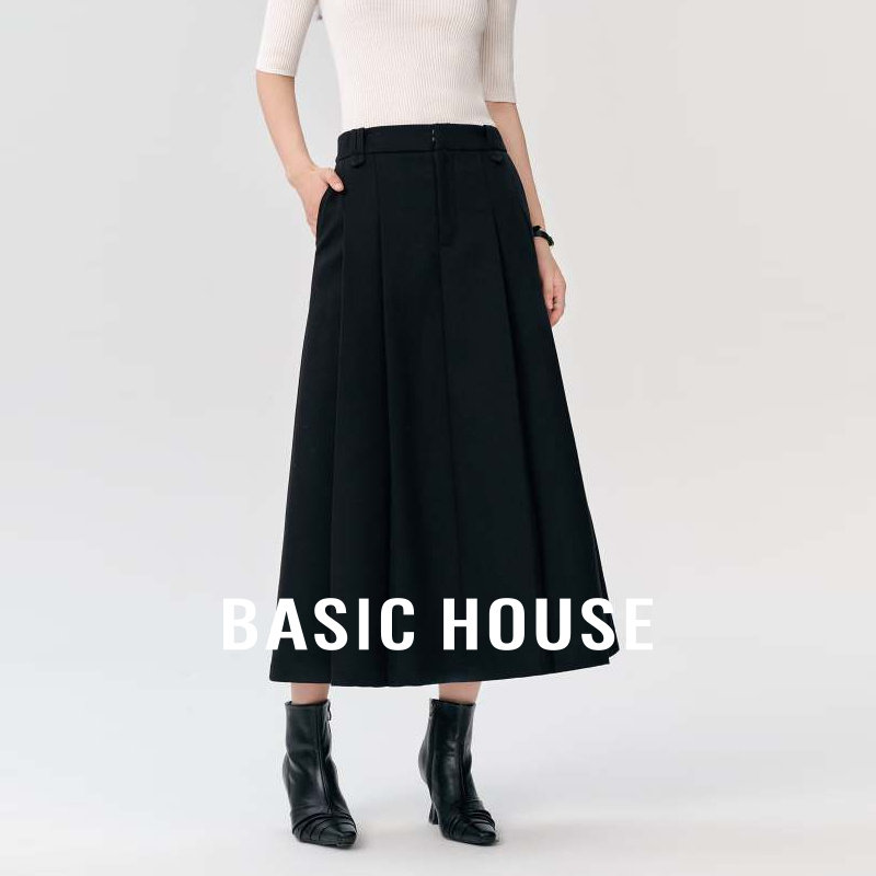 Basic House/百家好休闲百褶半身裙2025秋冬高腰显瘦优雅中长裙女