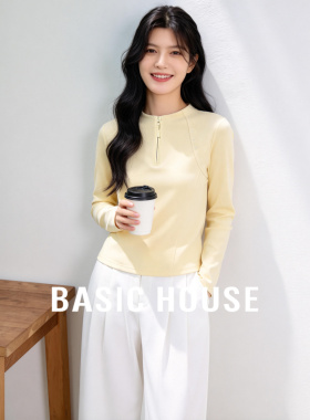 Basic House/百家好黄色半开领拉链长袖T恤女春新款显瘦百搭上衣