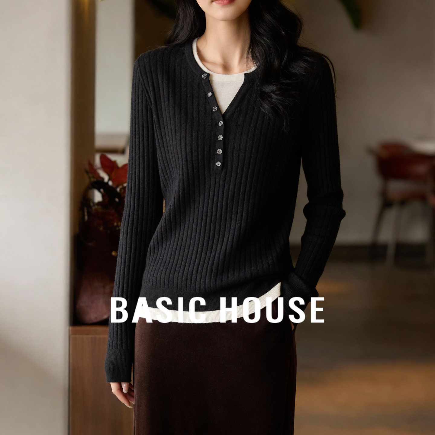 百家好黑白撞色假两件绵羊毛针织衫春季新款女士修身显瘦坑条毛衣