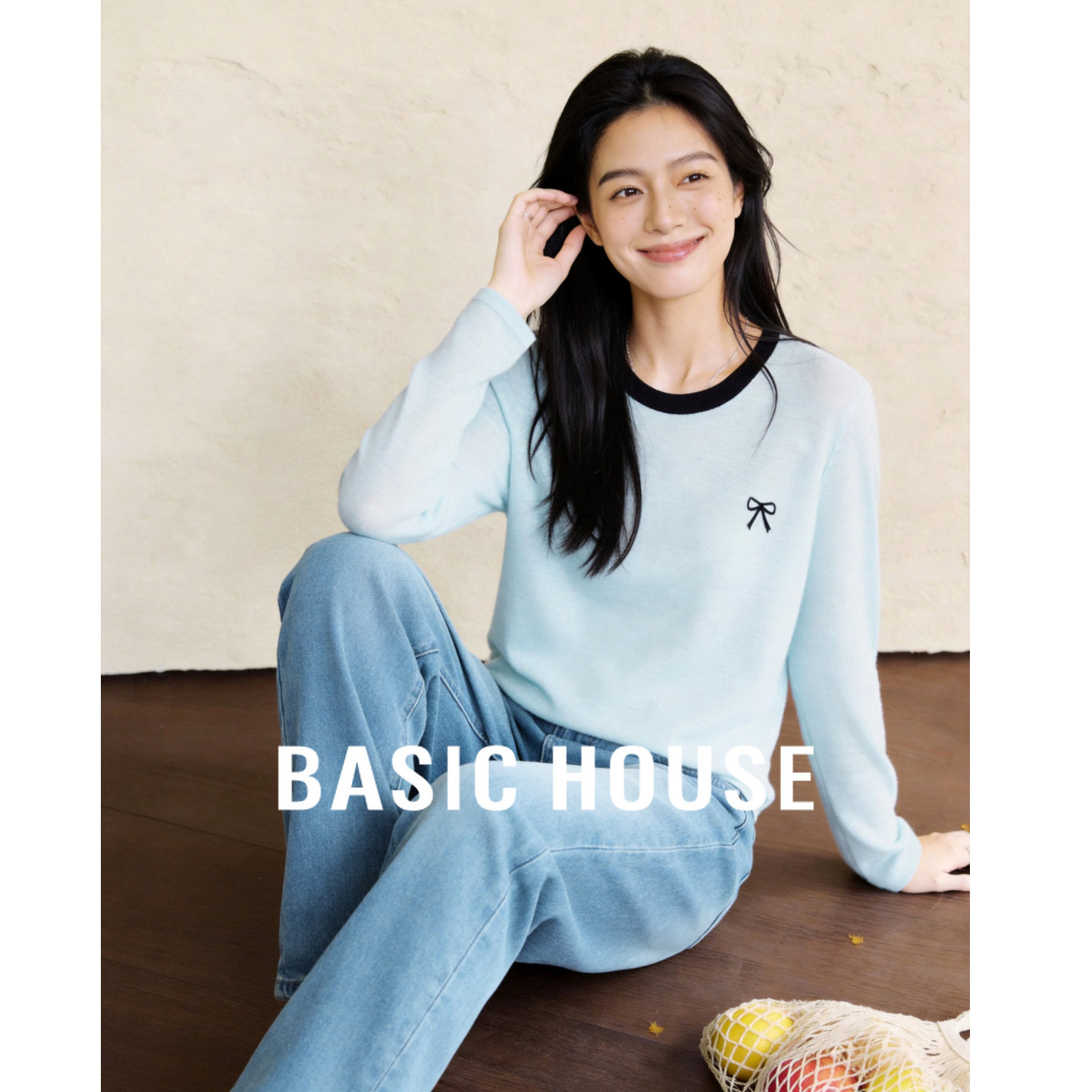 Basic House/百家好复古蝴蝶结刺绣针织衫女春季新款撞色薄款上衣