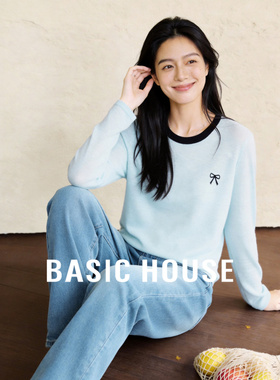 Basic House/百家好复古蝴蝶结刺绣针织衫女春季新款撞色薄款上衣