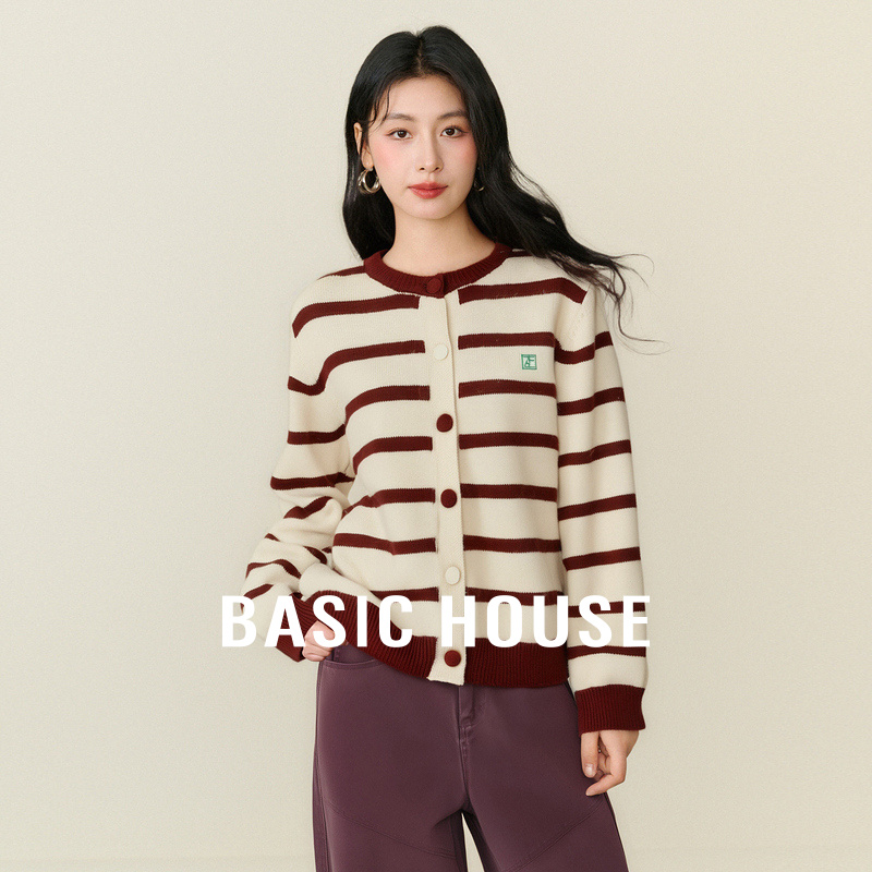 Basic House/百家好复古撞色条纹毛衣外套秋冬洋气落肩针织开衫女
