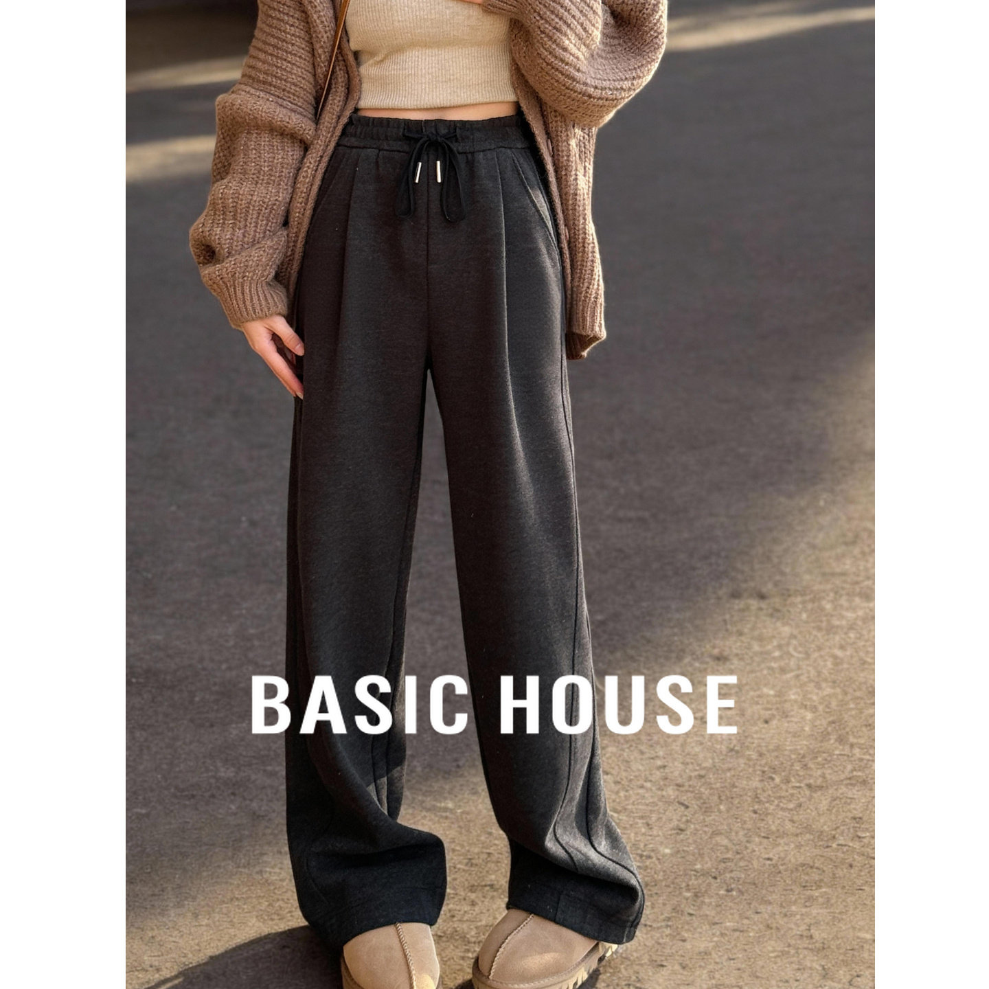 Basic House/百家好冬季加厚加绒裤子女小个子直筒休闲裤阔腿长裤