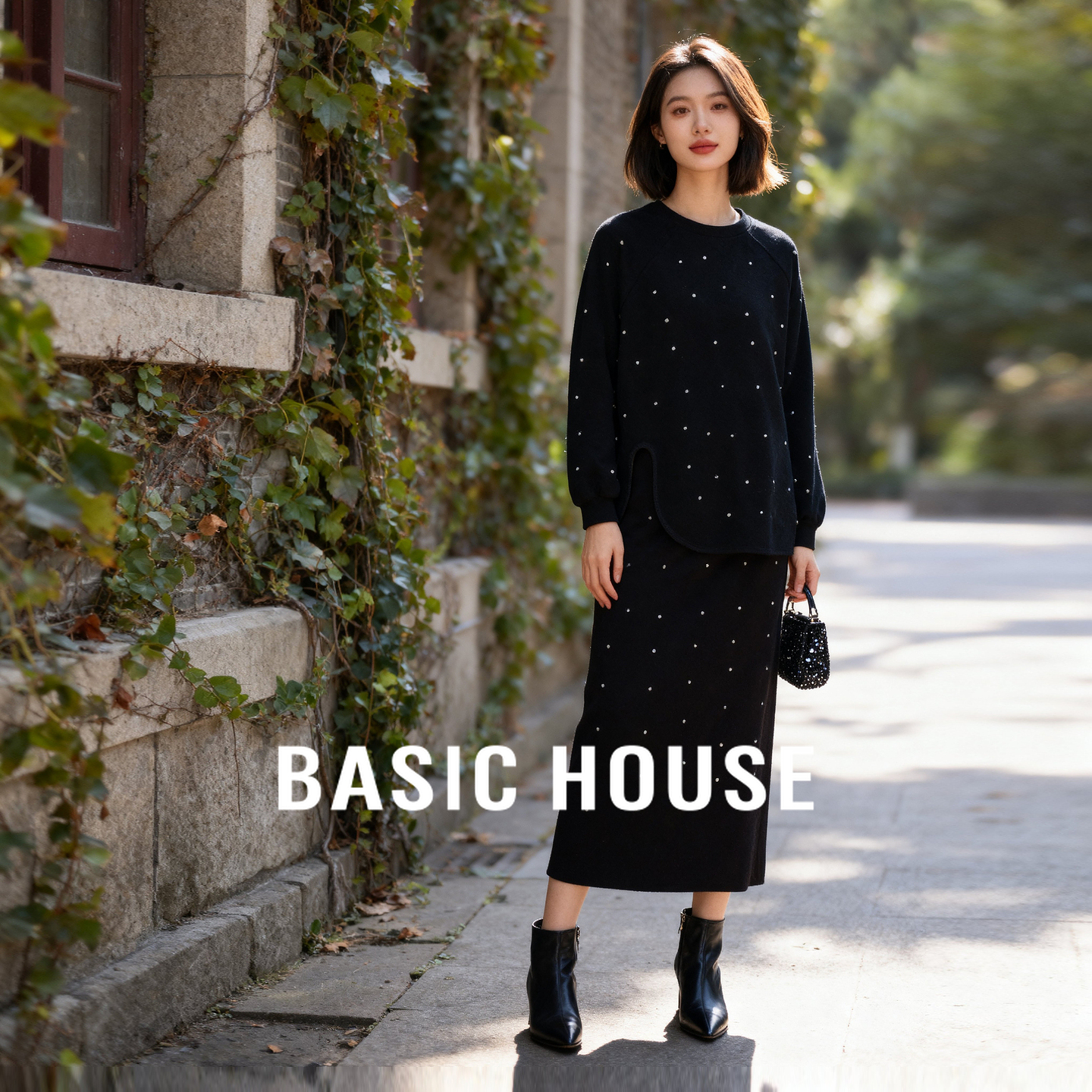 Basic House/百家好时尚套装波点圆领上衣松紧腰半身长裙两件套秋
