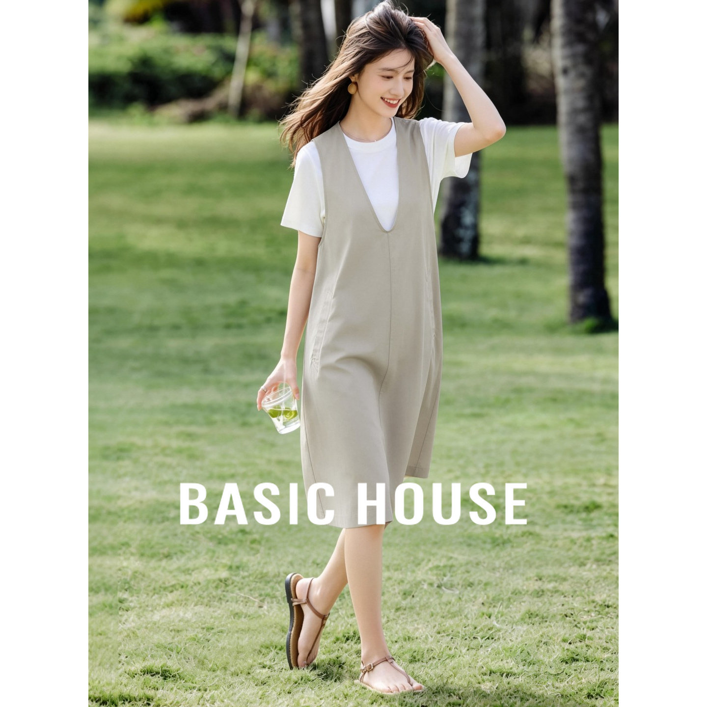 Basic House/百家好休闲拼接工装套装女2026夏季两件套叠穿连衣裙