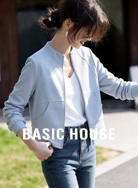 Basic House/百家好长袖运动针织时尚休闲开衫卫衣女立领短款外套