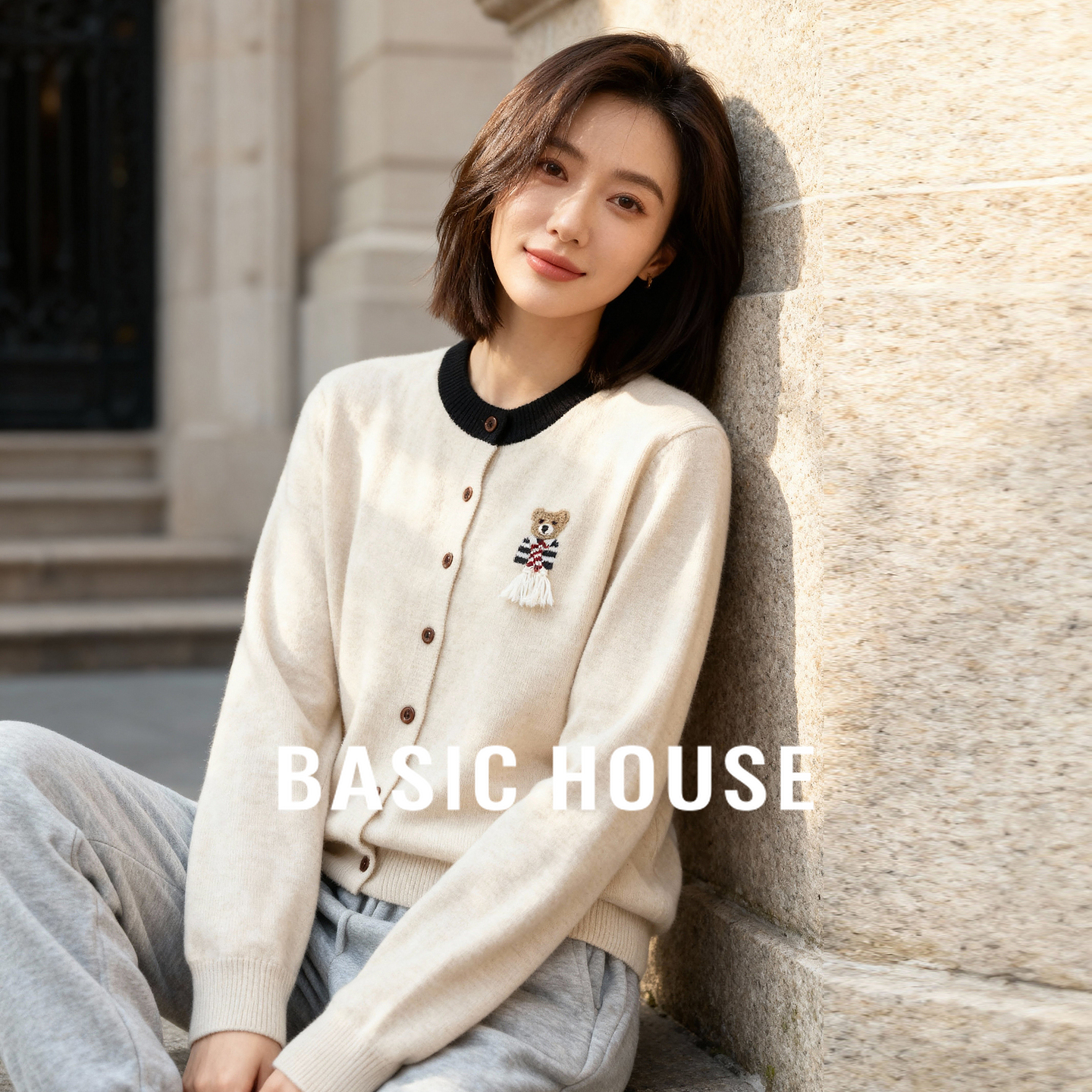 Basic House/百家好2025秋冬新款女士撞色设计感休闲针织开衫毛衣