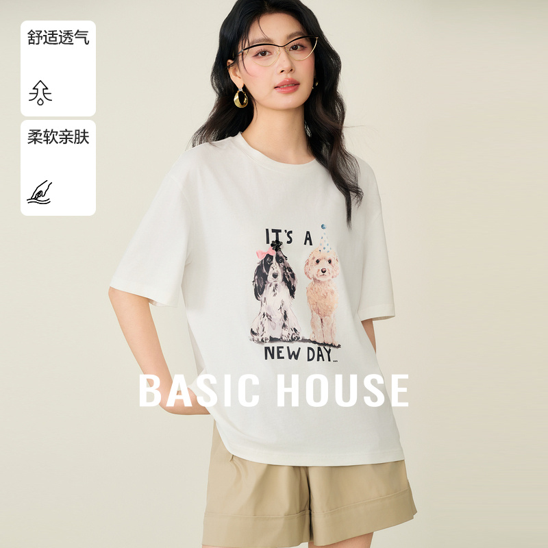 Basic House/百家好2025夏秋新款卡通漫画小狗休闲短袖宽松T恤女