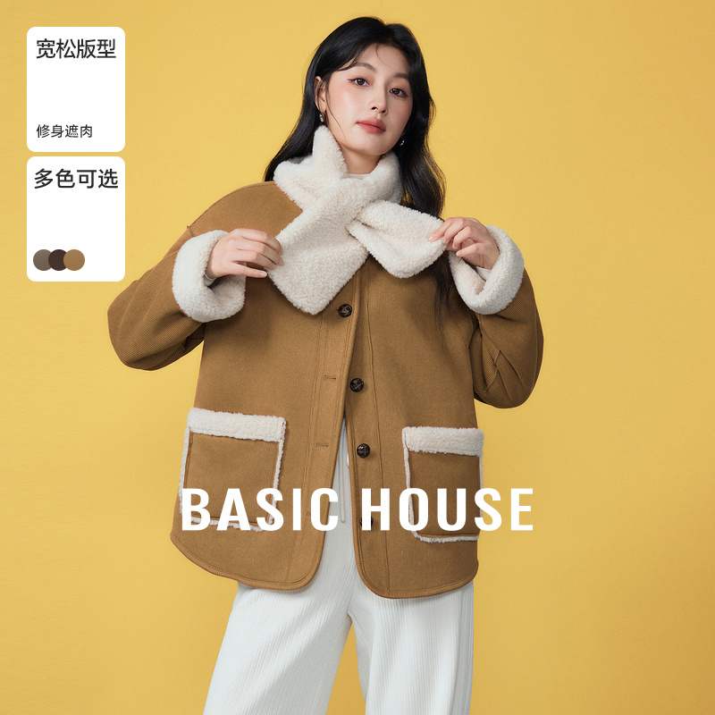 Basic House/百家好2024冬新款韩版灯芯绒外套短款拼接毛毛上衣女