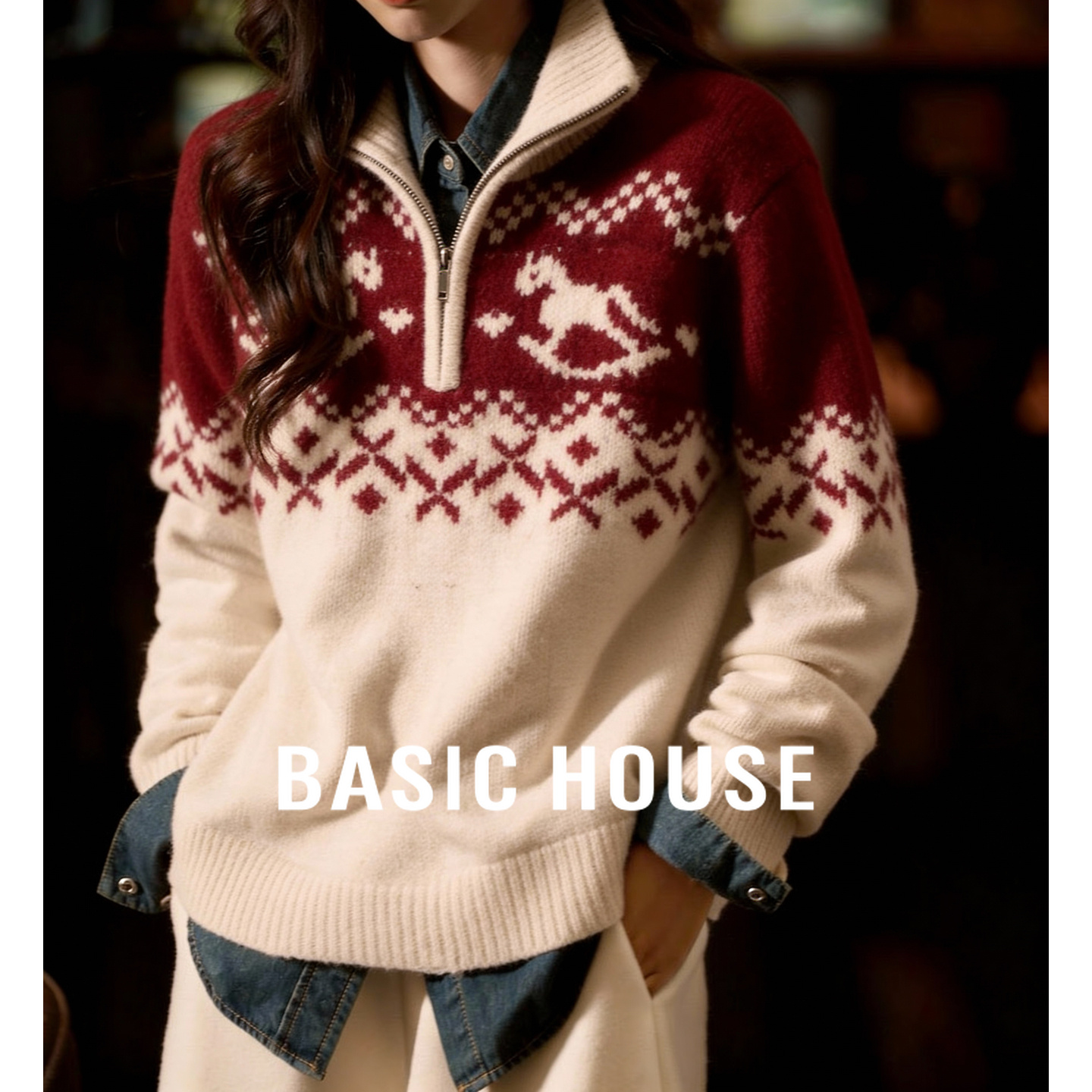 百家好费尔岛撞色半拉链红色毛衣女冬季新款慵懒风圣诞羊毛针织衫