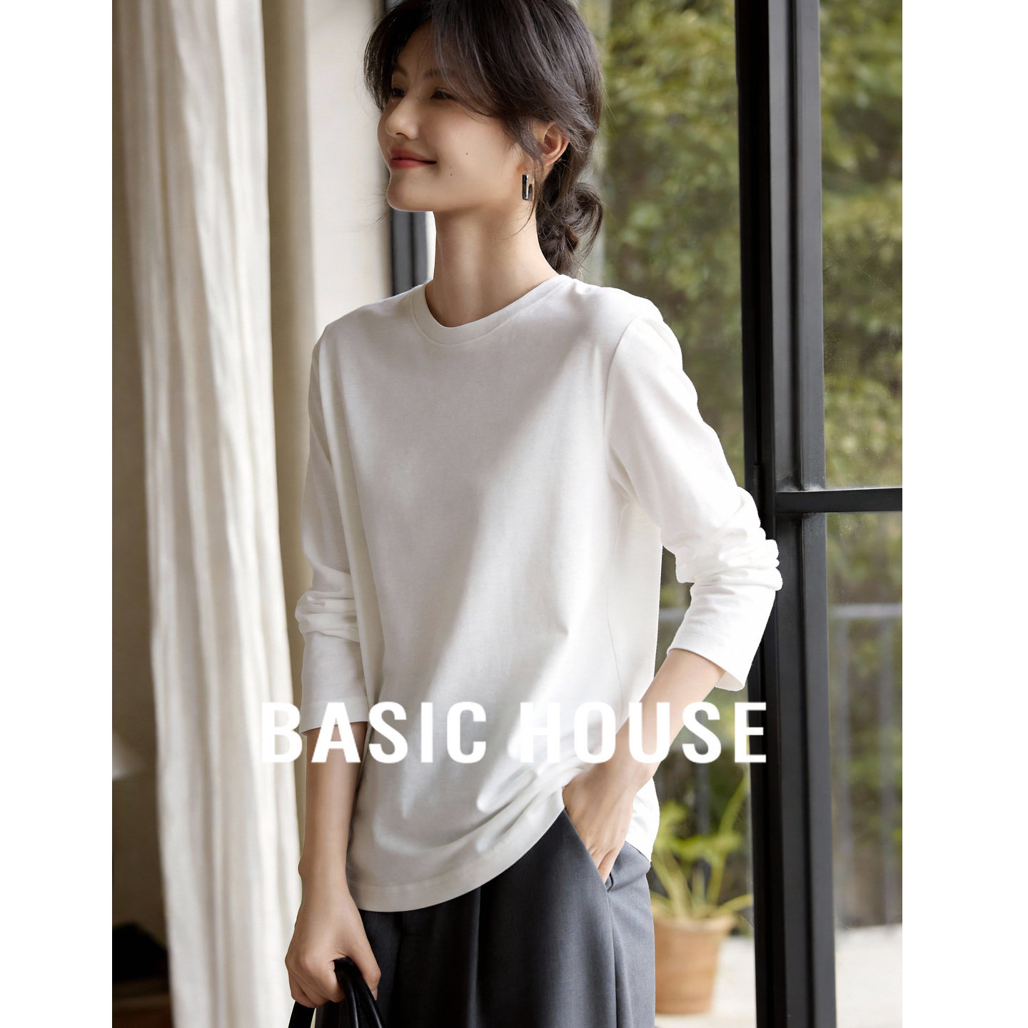 Basic House/百家好经典宽松白色长袖T恤春季新款圆领基础打底衫