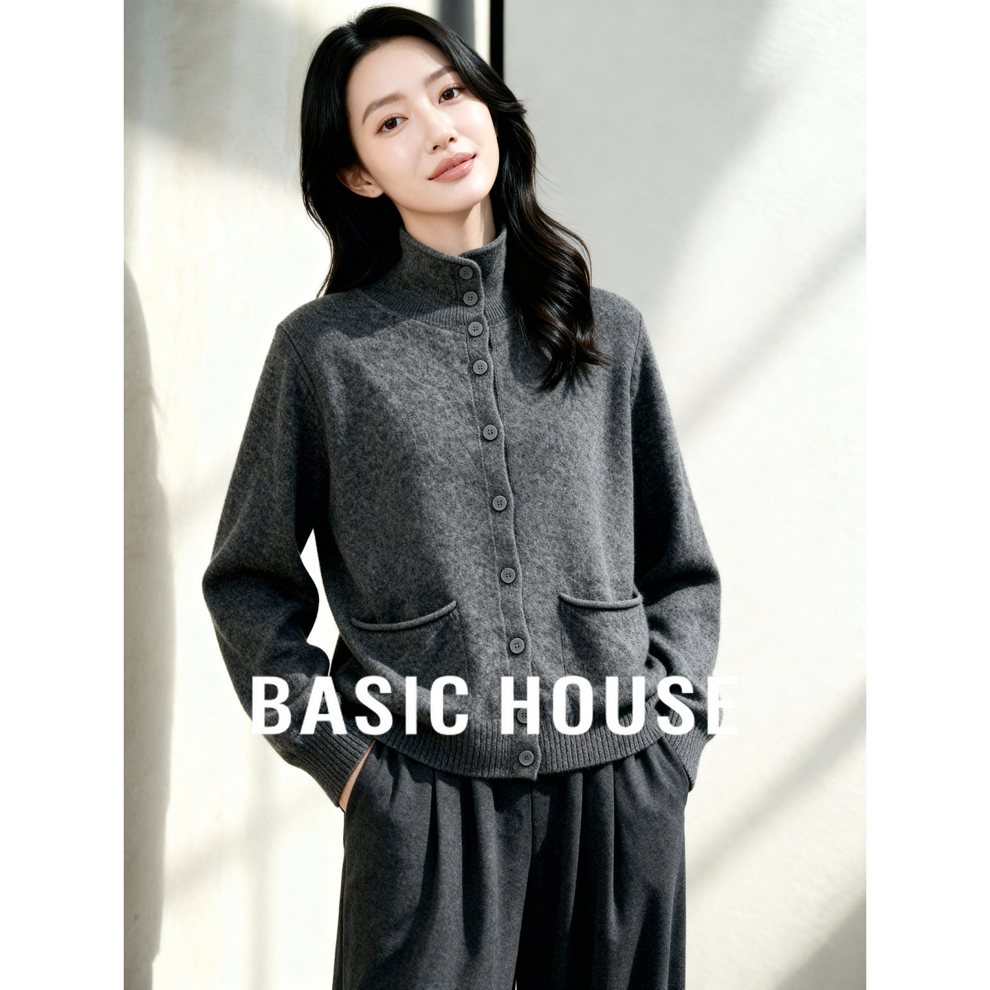 百家好灰色立领绵羊毛针织衫女冬季新款单排扣毛衣高级感冬装外套