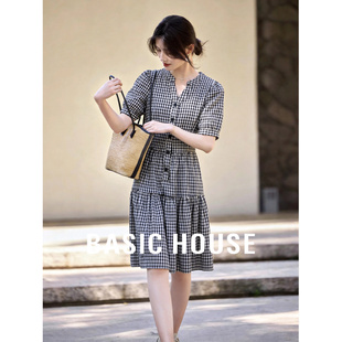 A字裙 显瘦修身 百家好复古黑白格子连衣裙女夏季 V领单排扣中长款