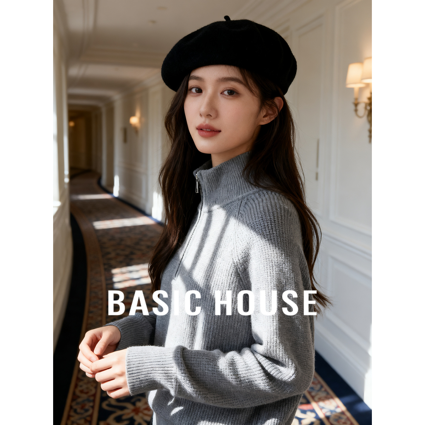 Basic House/百家好高级灰半高领拉链毛衣女秋冬慵懒风宽松针织衫