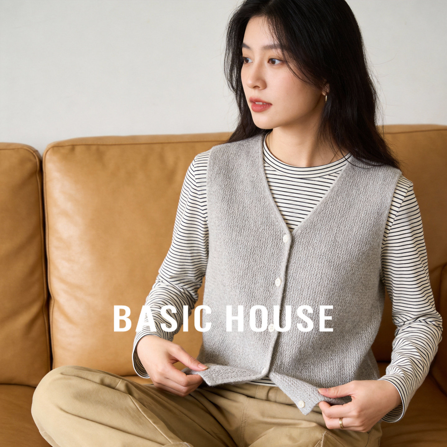 百家好V领镂空针织马甲外套春季新款女士单排扣透气叠穿马夹背心