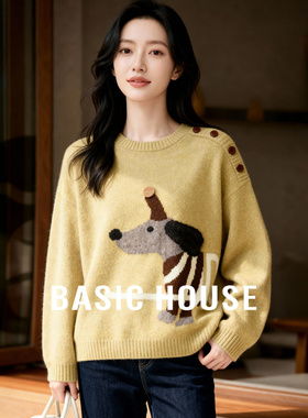 Basic House/百家好小狗印花圆领针织毛衣女冬季新款童趣图案上衣