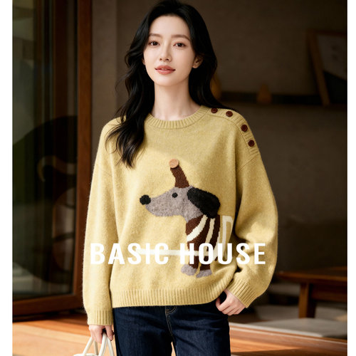 Basic House/百家好小狗印花圆领针织毛衣女冬季新款童趣图案上衣