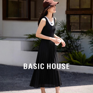 收腰显瘦气质百搭长裙 新款 百家好假两件撞色无袖 连衣裙女2026春季