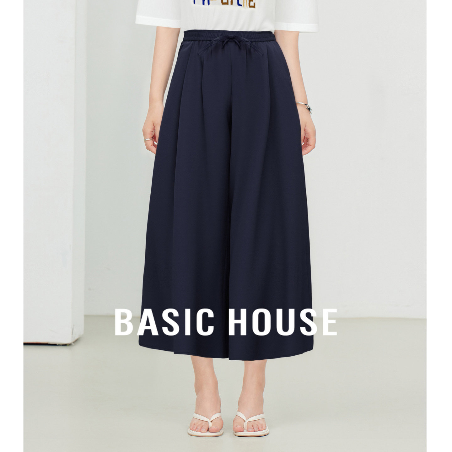 Basic House/百家好抽绳收腰纯色阔腿裤夏季流行日常休闲长款裤子