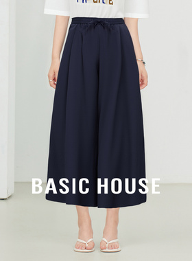 Basic House/百家好抽绳阔腿裤女2026夏季新款九分裤宽松休闲裙裤