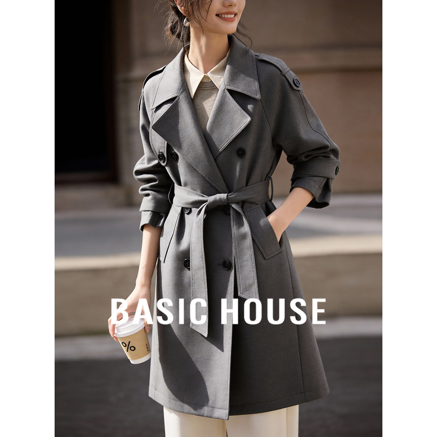 Basic House/百家好高级感灰色风衣新款中长款收腰显瘦英伦风外套
