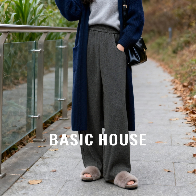 Basic House/百家好灰色直筒垂感休闲裤秋季宽松显瘦松紧腰香蕉裤