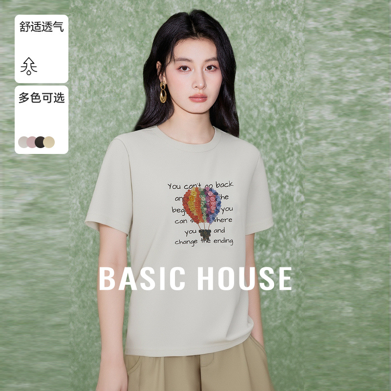 Basic House/百家好夏秋新款女装时尚休闲韩版设计感汽球圆领T恤
