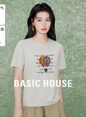 Basic House/百家好夏秋新款女装时尚休闲韩版设计感汽球圆领T恤