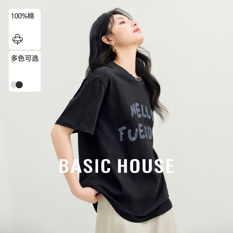 Basic House/百家好美式潮流字母设计感夏季新款圆领套头短袖T恤