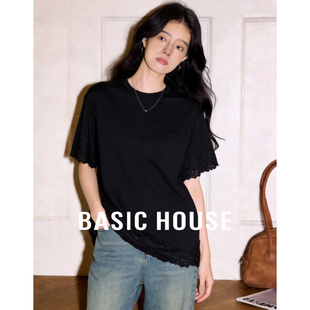 百家好黑色蕾丝设计感圆领上衣女春季新款宽松显瘦百搭短袖T恤衫