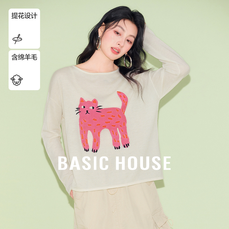 Basic House/百家好韩系复古撞色小猫提花针织衫2025圆领宽松上衣