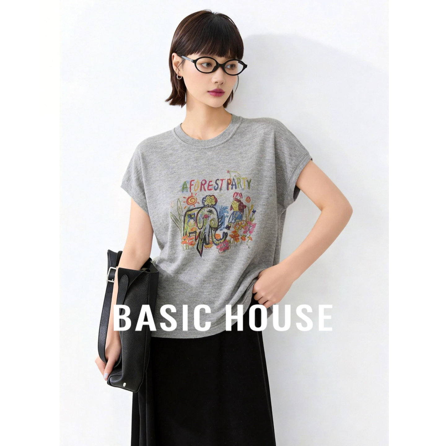 Basic House/百家好撞色图案印花短袖针织衫夏季新款圆领套头上衣