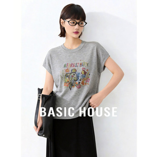 House 新款 百家好撞色图案印花短袖 夏季 圆领套头上衣 针织衫 Basic